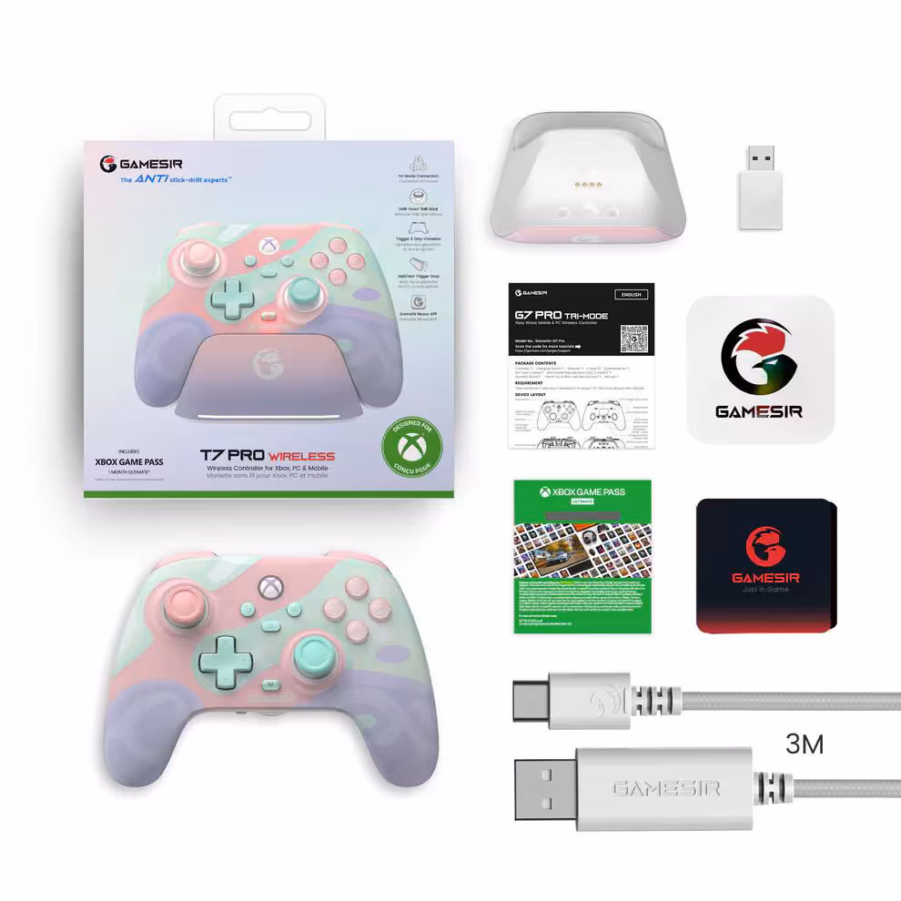GameSir T7 Pro Sugar Whirl : une manette Xbox sans fil pastel à 109,99 euros 7 Contenu de la boîte GameSir T7 Pro Wireless : manette, câble USB, documents, autocollants et packaging.
