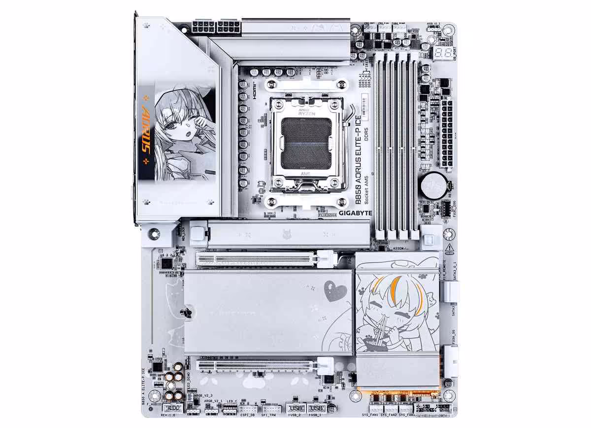 B850 AORUS ELITE-P ICE : GIGABYTE étend sa série ARI à une carte mère ATX AM5 4 Carte mère GIGABYTE avec illustrations, vue de dessus, composants visibles.