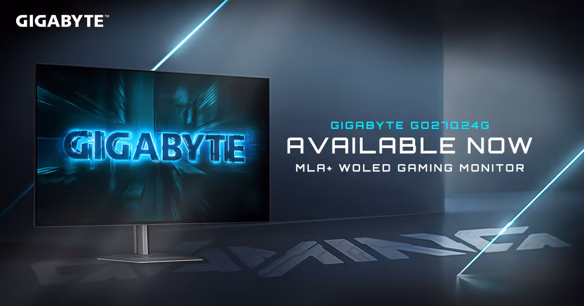Affiche publicitaire GIGABYTE GO27Q24G texte disponible maintenant, fond bleu néon contrasté