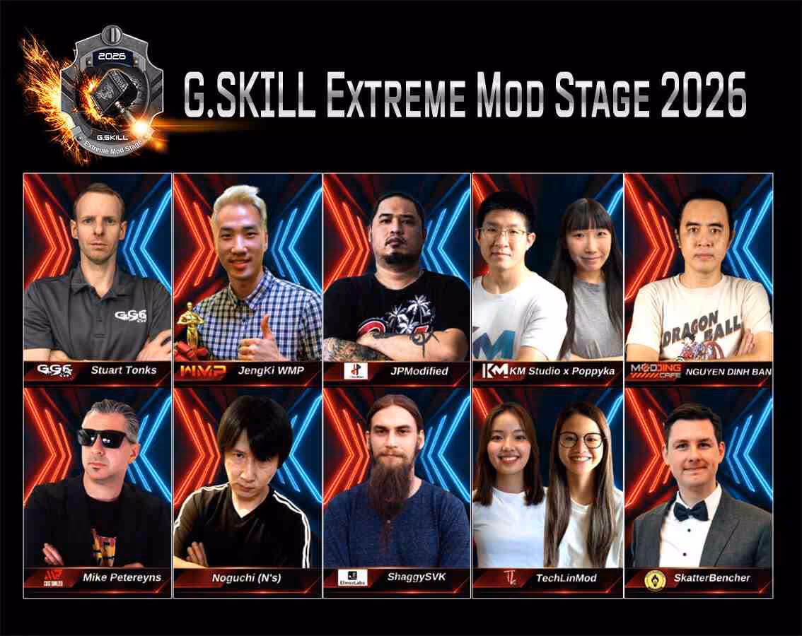G.SKILL Computex 2026 : DDR5, serveurs, IA et OC World Cup au programme 5 Affiche G.SKILL Extreme Mod Stage 2026 avec moddeurs et créateurs, logos G.SKILL et EOS