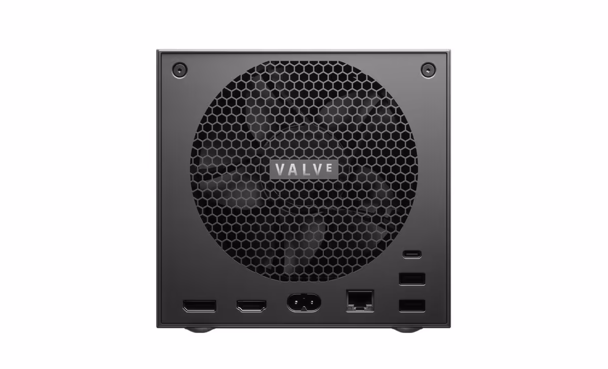 Vue arrière d'une console ou boîtier Valve avec ventilation et différents ports