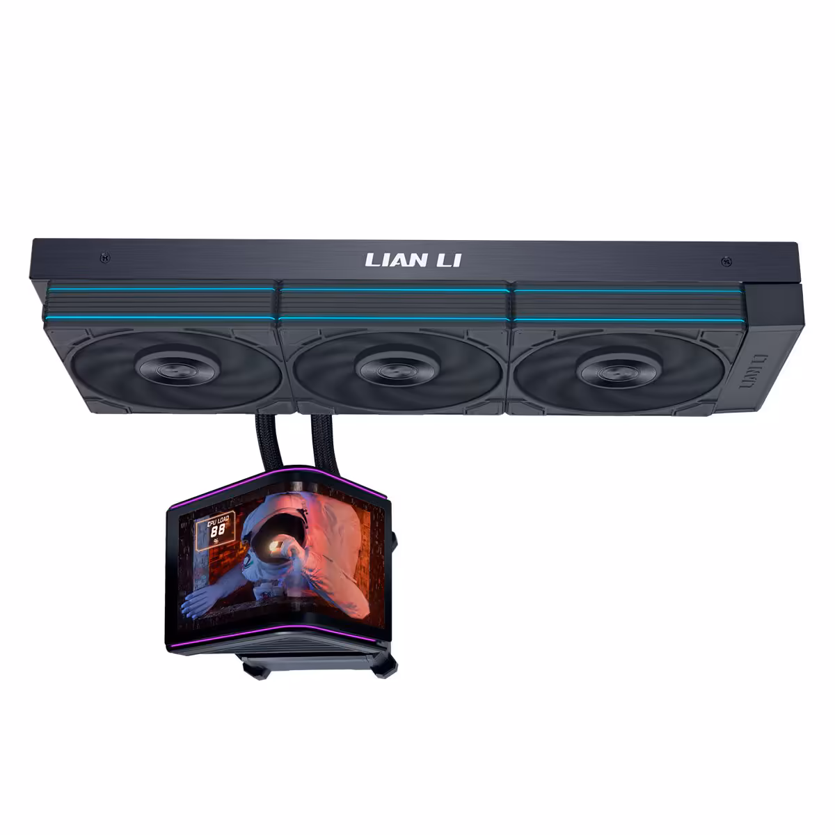 HydroShift II OLED Curved 360 Lian Li noir avec trois ventilateurs RGB, radiateur AIO visible.