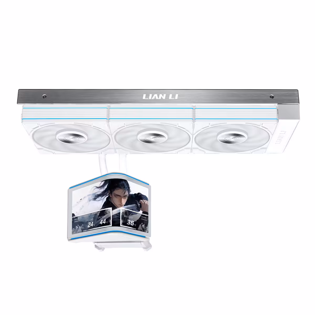 HydroShift II OLED Curved 360 Lian Li blanc avec trois ventilateurs, écran OLED courbé affichant un profil gaming.