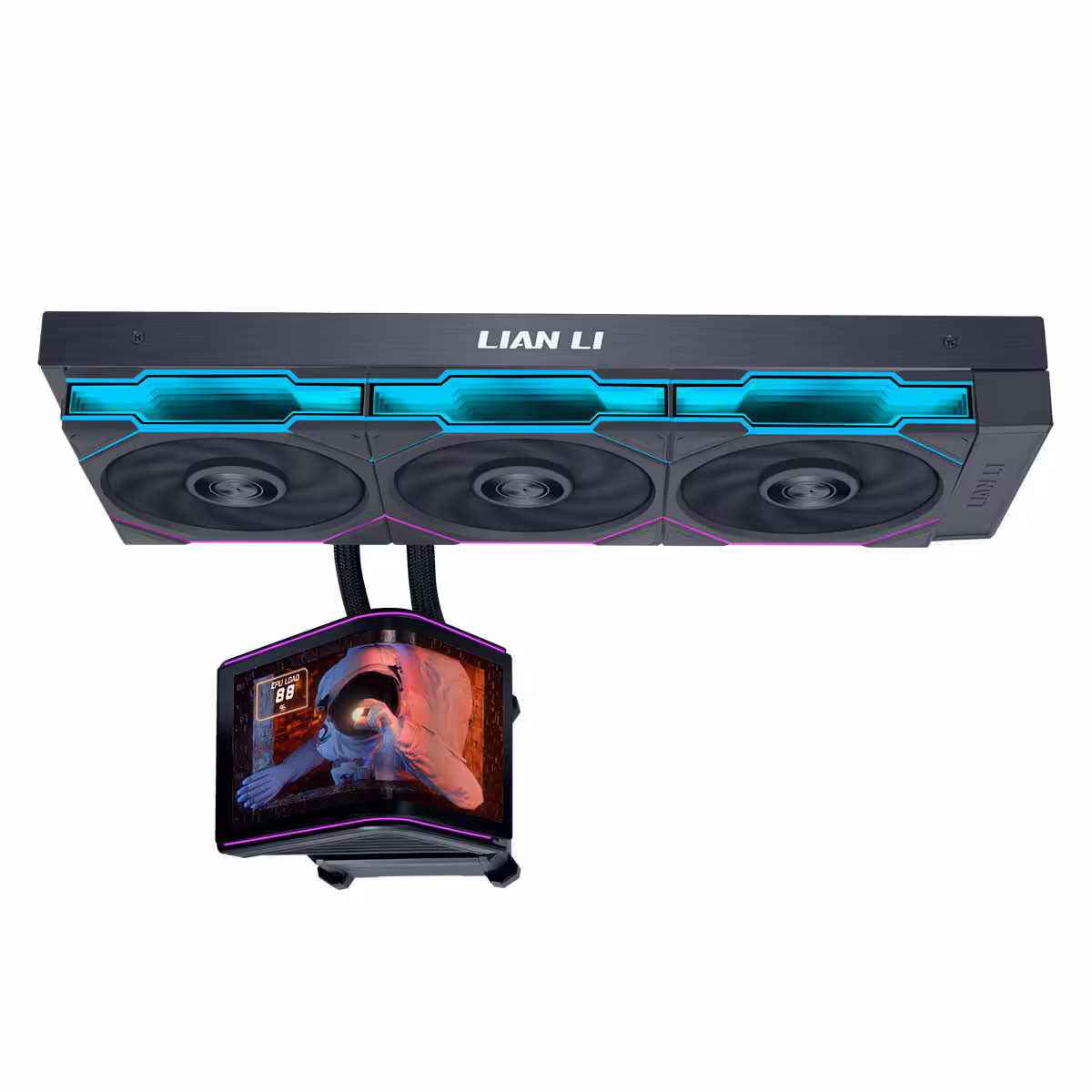HydroShift II OLED Curved 360 Lian Li noir, trois ventilateurs RGB et écran OLED courbé.