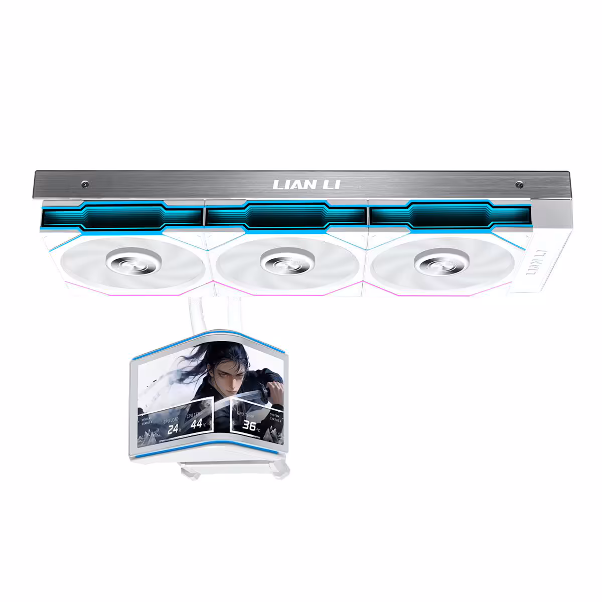 HydroShift II OLED Curved 360 Lian Li blanc, ventilateurs RGB et écran OLED courbé affichant un profil gaming.