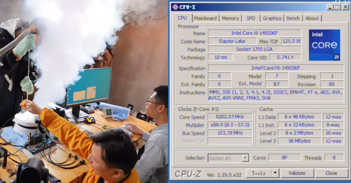 Capture écran CPU-Z montrant détails Intel Core i9-14900KF overclocké à 9.2 GHz