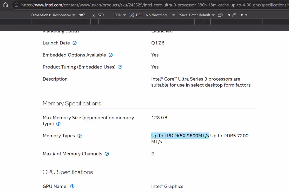 Capture spécifications mémoire Intel site web texte sur fond blanc