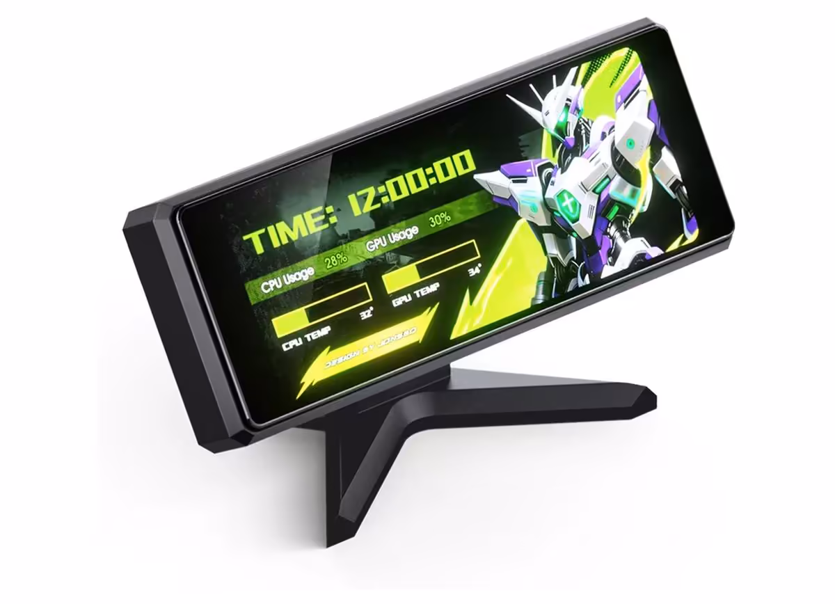 Écran Jonsbo DS339 sur support noir, affichage lumineux et design robotique sur fond neutre.