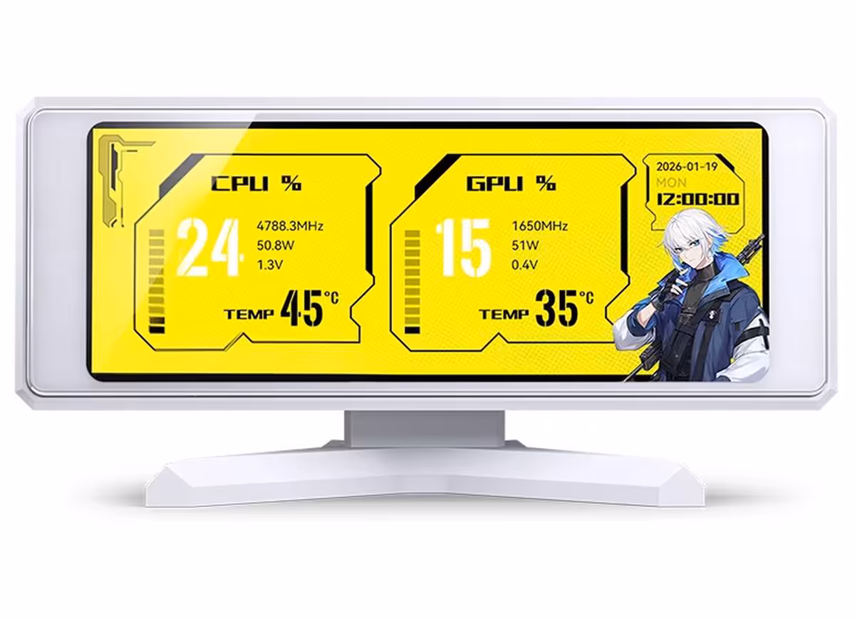 Écran Jonsbo DS339 sur fond blanc, affichage stats CPU/GPU avec personnage d’anime.