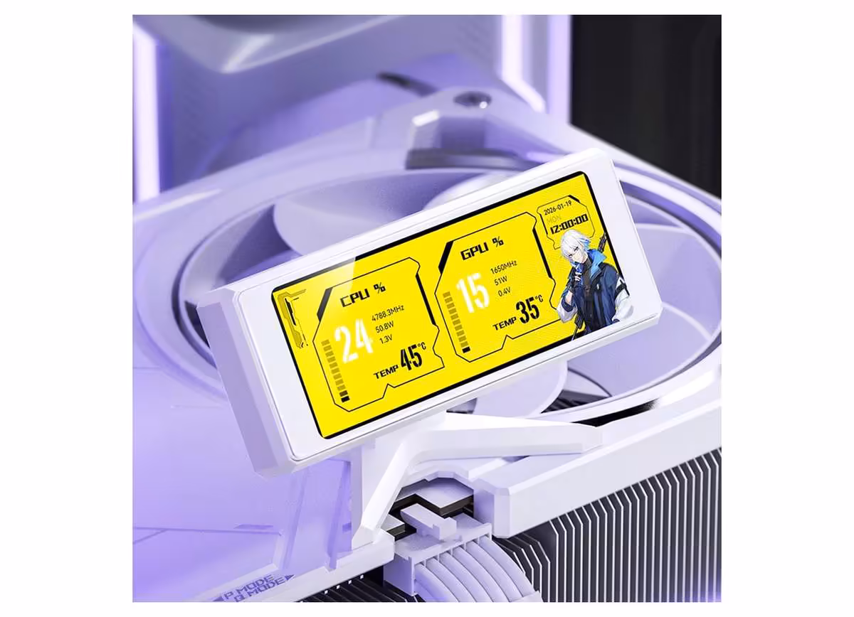 Écran Jonsbo DS339 monté sur ventilateur PC, affichage stats jaunes sur fond blanc.