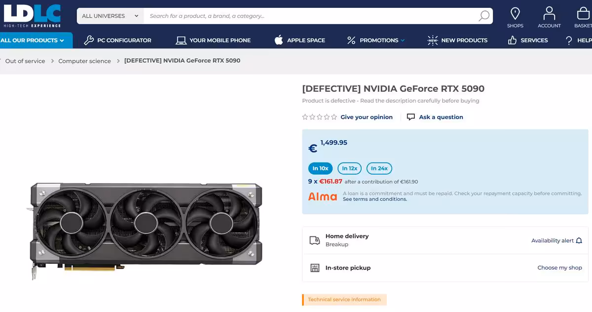 RTX 5090 hors service chez LDLC : des cartes abîmées vendues dès 1 499 euros 2 Capture écran site LDLC montrant carte NVIDIA GeForce RTX 5090 classée hors service.
