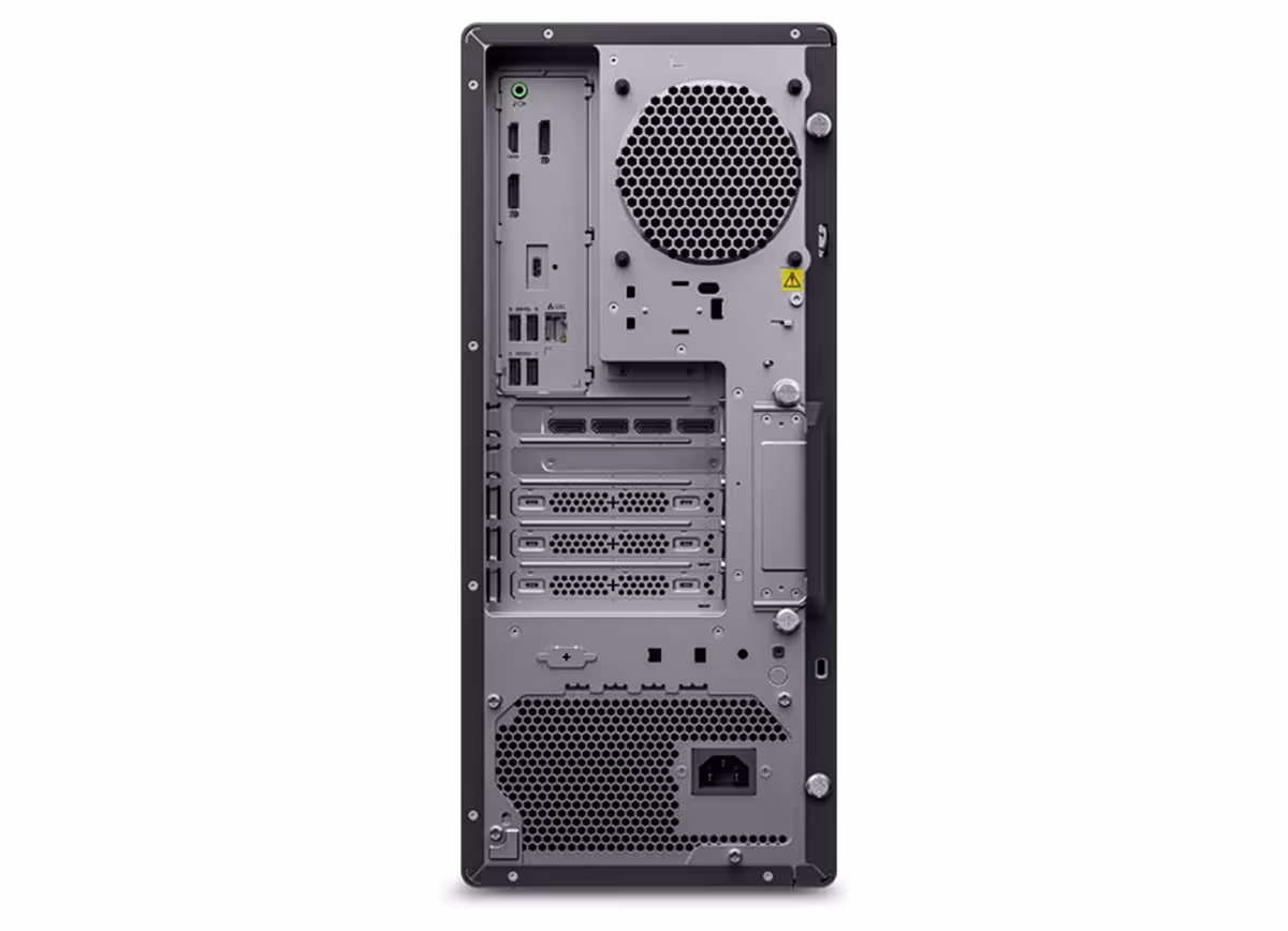 Arrière d'un boîtier Lenovo ThinkStation avec ports et ventilation, fond blanc.