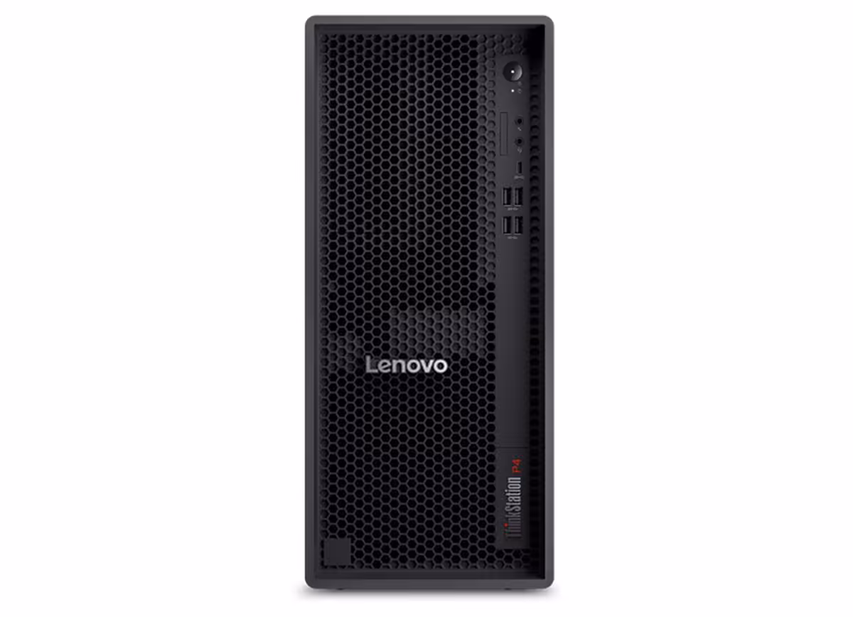 Lenovo ThinkStation P4 de face avec grille alvéolée, fond blanc, logo Lenovo central.