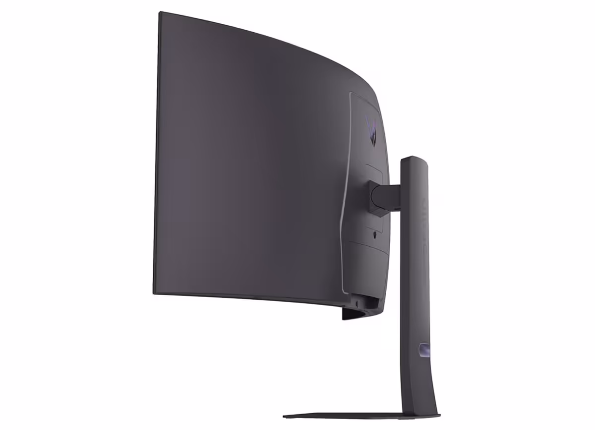 Vue latérale écran incurvé LG UltraGear, fond neutre.