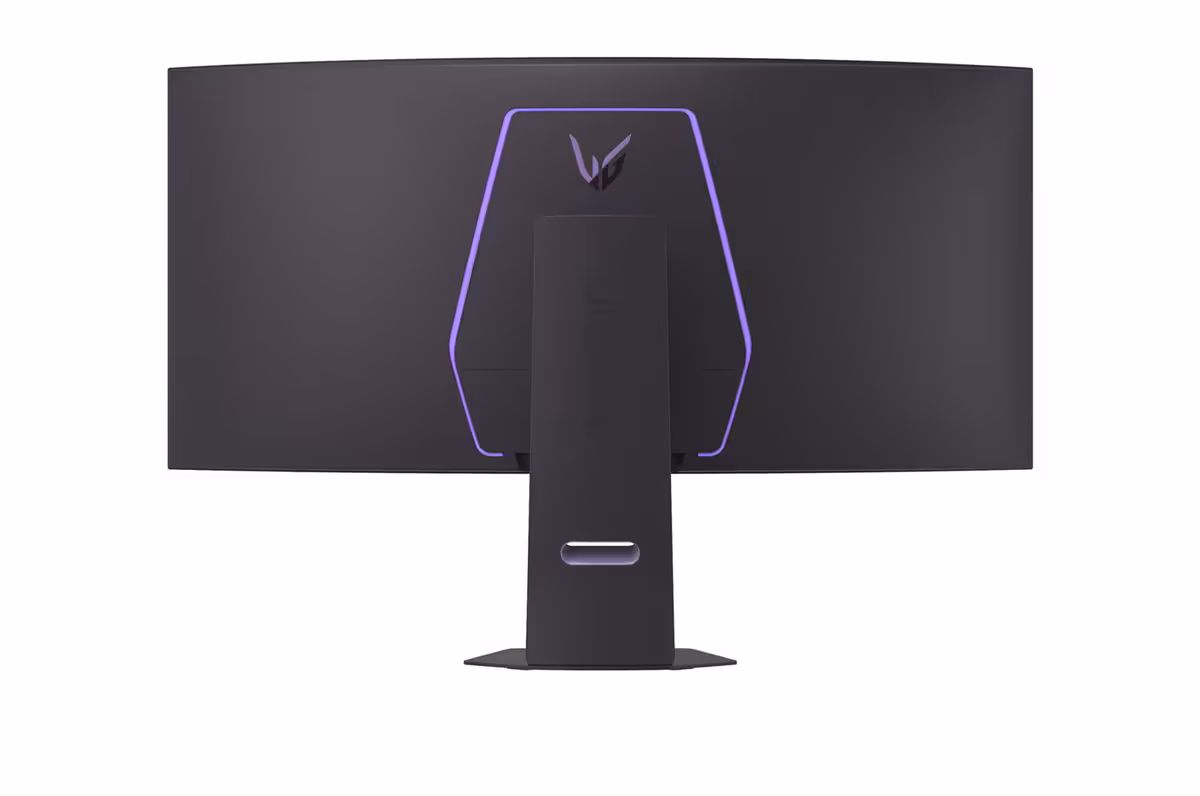 Vue arrière écran LG UltraGear avec lumière LED violette.