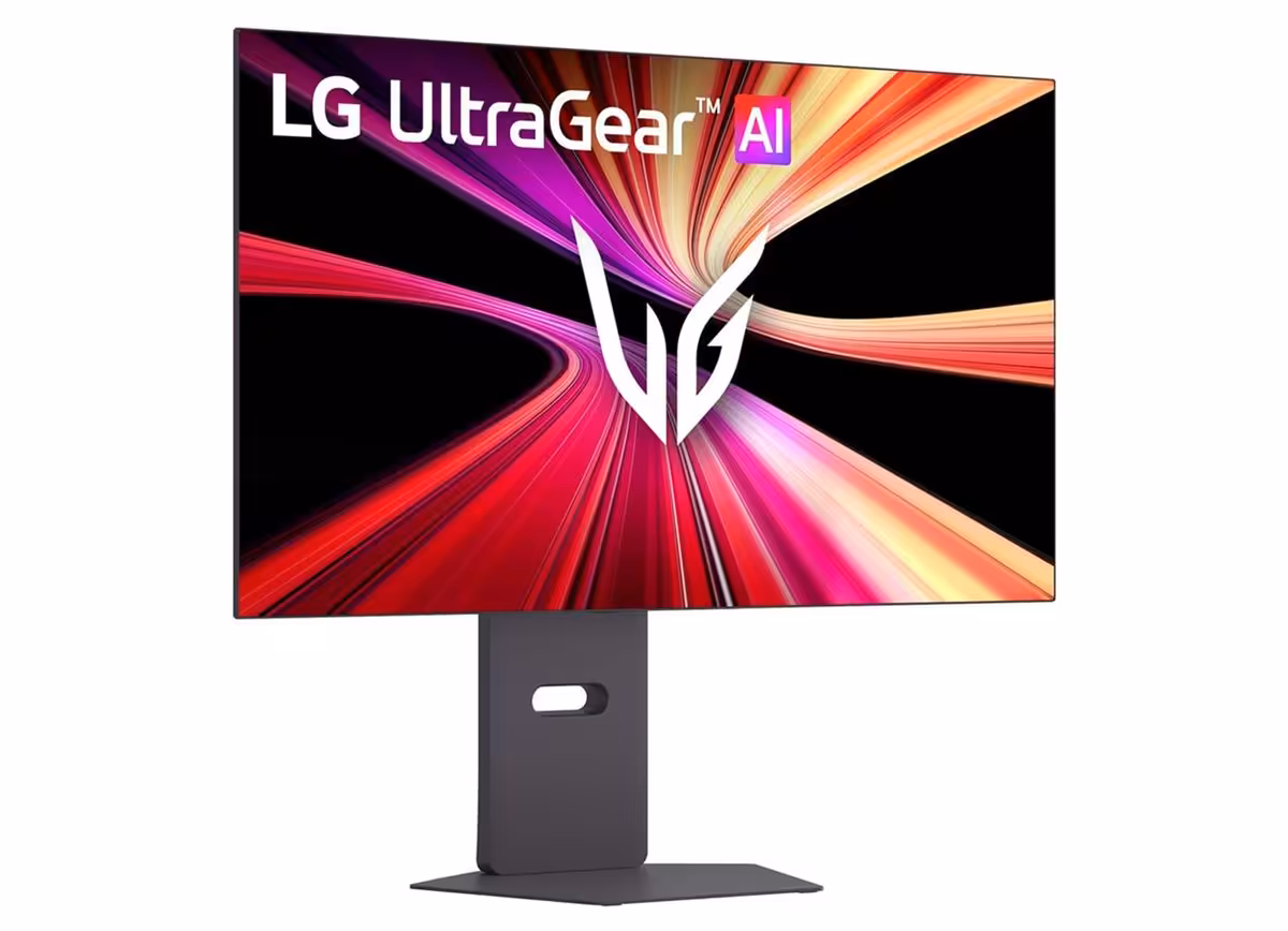 Écran LG UltraGear AI avec couleurs rouges et oranges vives, fond blanc.
