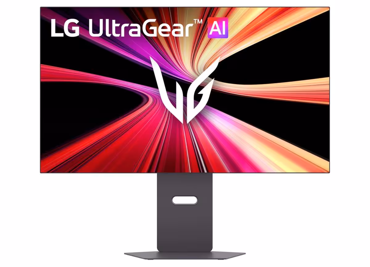 Écran LG UltraGear AI avec couleurs rouges et oranges vives, fond blanc, vue frontale.