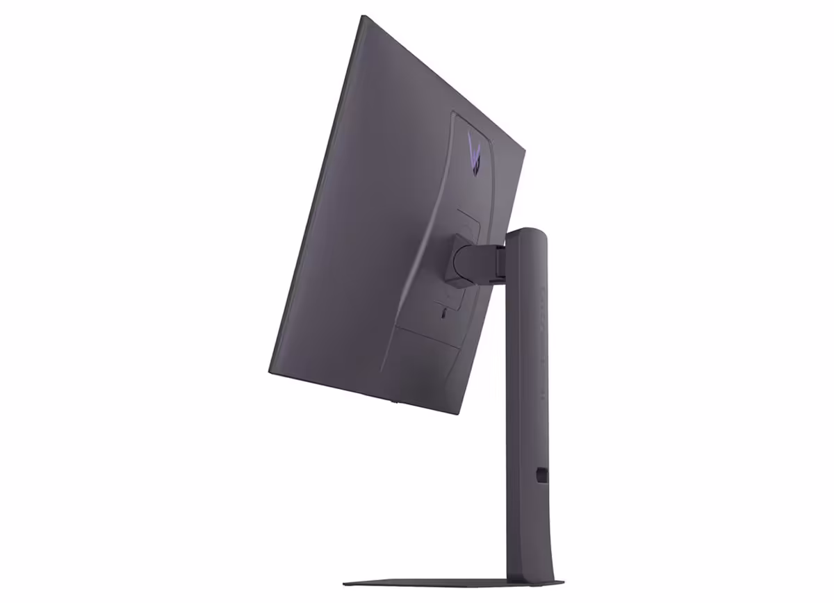 Vue latérale écran LG UltraGear, design mince, fond neutre.