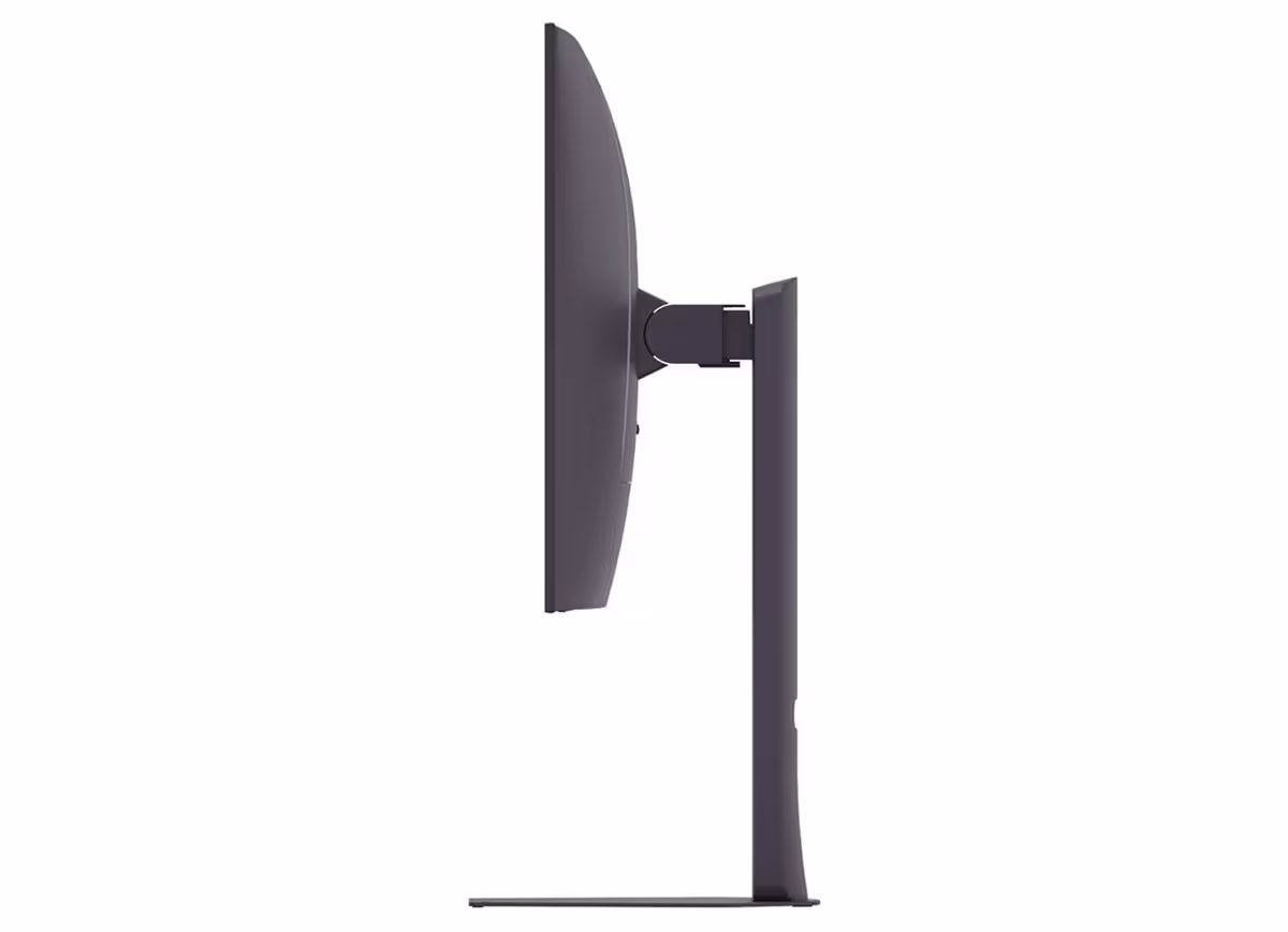 Vue de profil écran LG UltraGear, design mince, fond neutre.