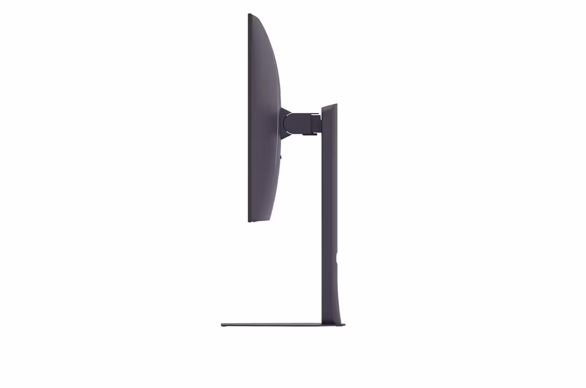 Vue de profil écran LG UltraGear, design mince, fond neutre.