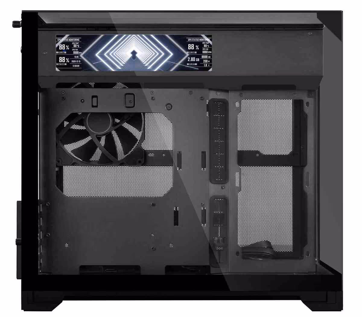 Lian Li O11 Vision-M : un boîtier microATX vitré qui soigne enfin son airflow 2 Vue intérieure du Lian Li O11 Vision-M noir, boîtier microATX vitré avec ventilation arrière visible.