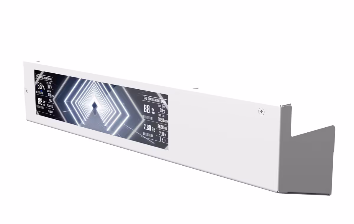 Lian Li O11 Vision-M : un boîtier microATX vitré qui soigne enfin son airflow 5 Panneau supérieur d’affichage du Lian Li O11 Vision-M, bandeau LCD intégré au boîtier blanc.