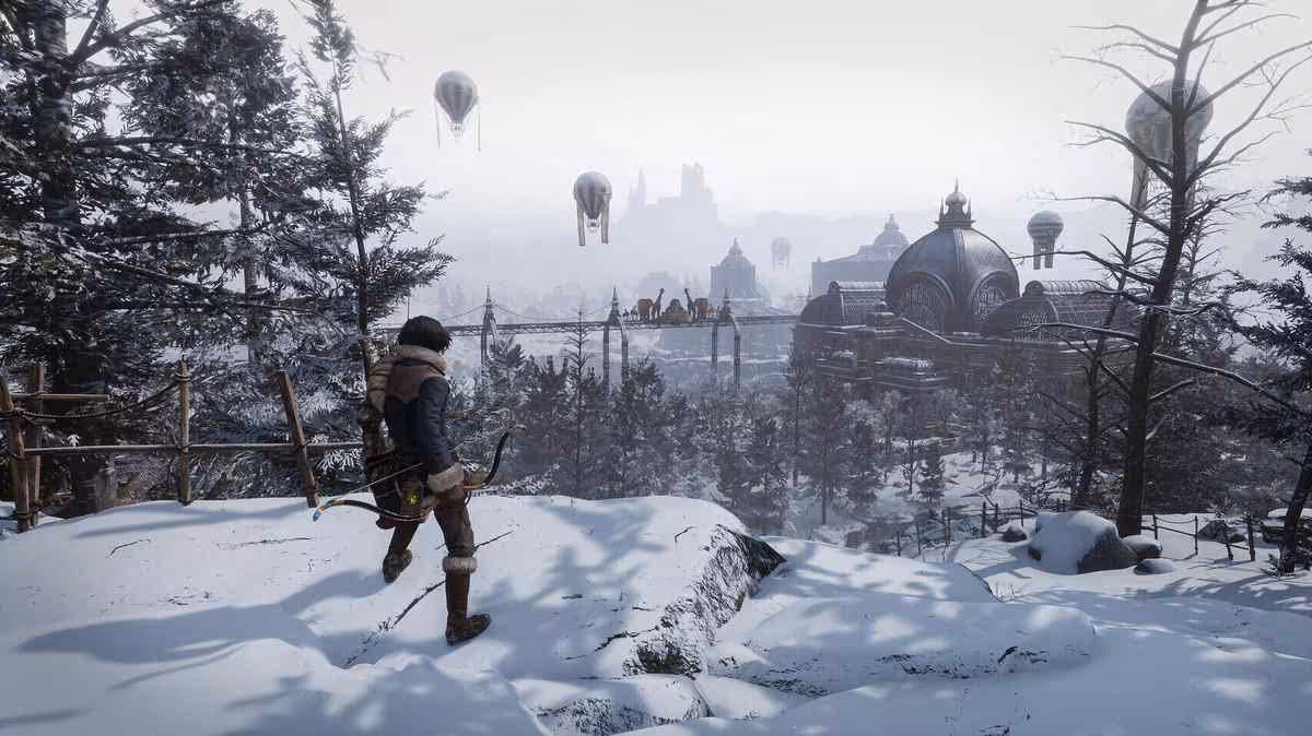 Personnage de Lies of P dans un paysage enneigé, vue large avec châteaux et dirigeables