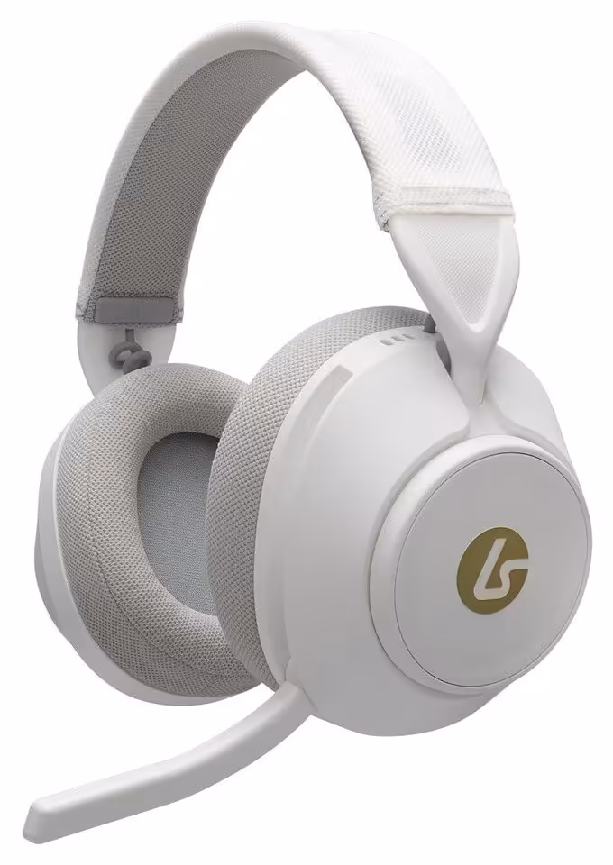 Casque gaming LucidSound LS500 blanc, vue trois-quarts avec micro flexible et logo LS doré