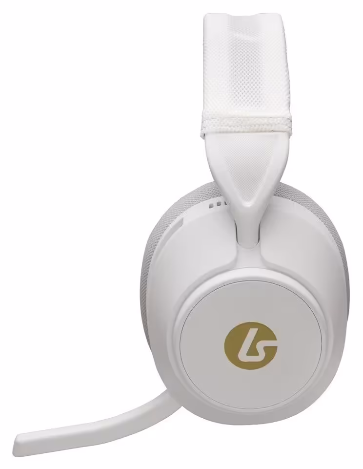 Casque gaming LucidSound LS500 blanc, vue de face avec logo LS doré et micro intégré