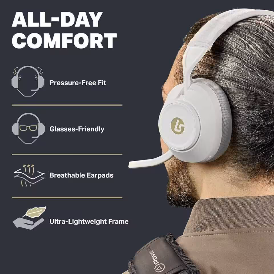 Casque LucidSound LS500 blanc porté, avec mentions all-day comfort, pads respirants et cadre léger