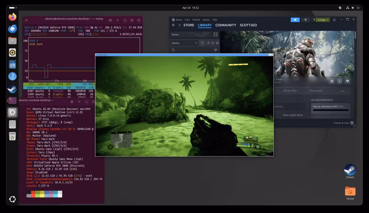 Capture d'écran jeu Crysis performance sur Ubuntu