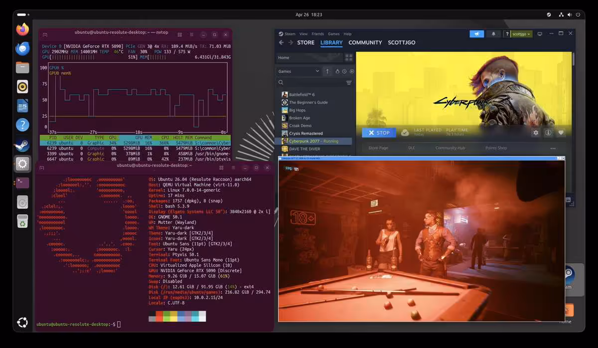 Capture d'écran Cyberpunk 2077 sur Ubuntu, contraste moyen, texte visible