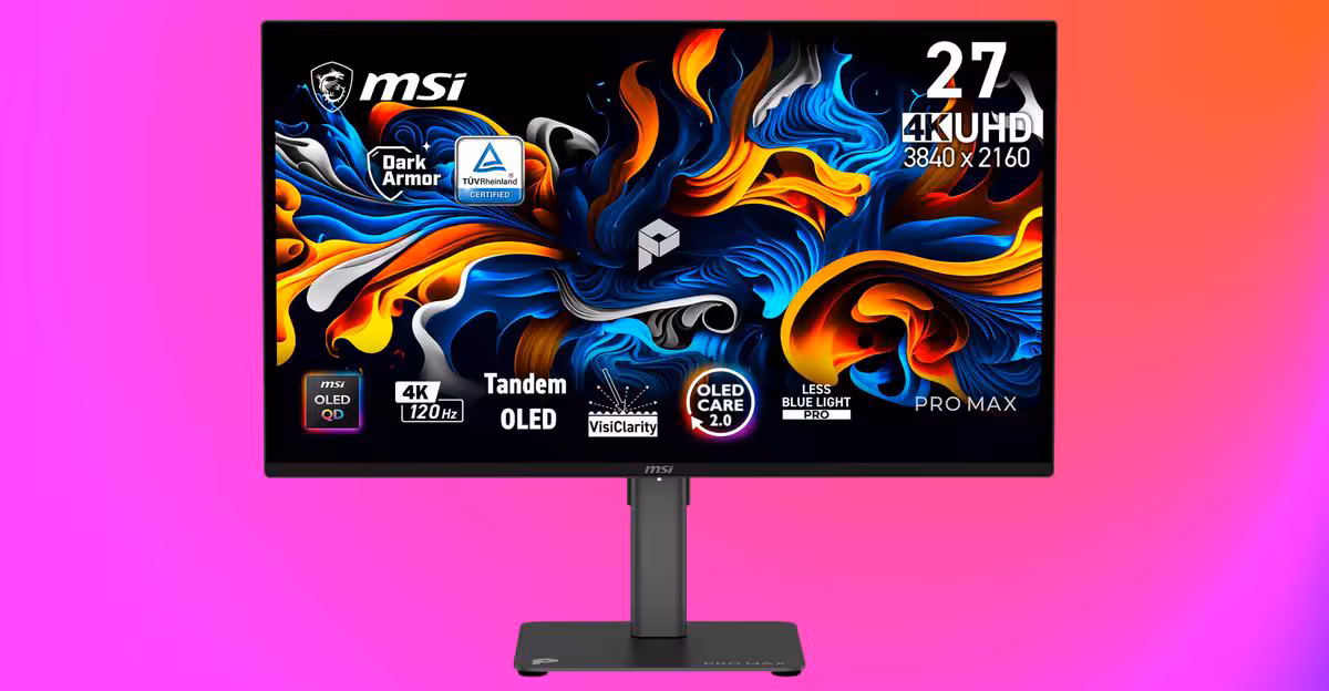 Moniteur MSI PRO MAX affichant l'artwork lumineux sur fond dégradé rose-orange.