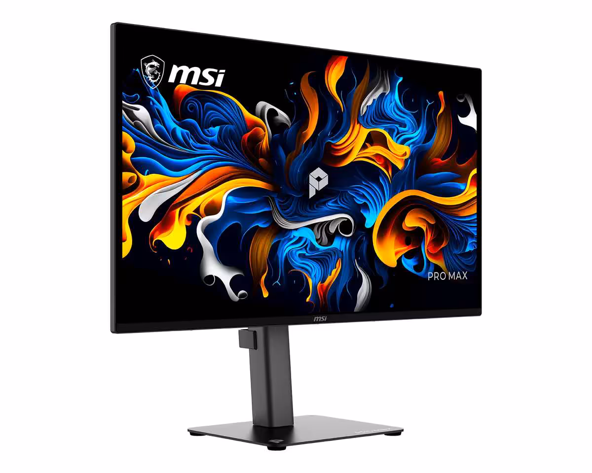 MSI PRO MAX avec affichage coloré sur fond noir, vue légèrement inclinée.