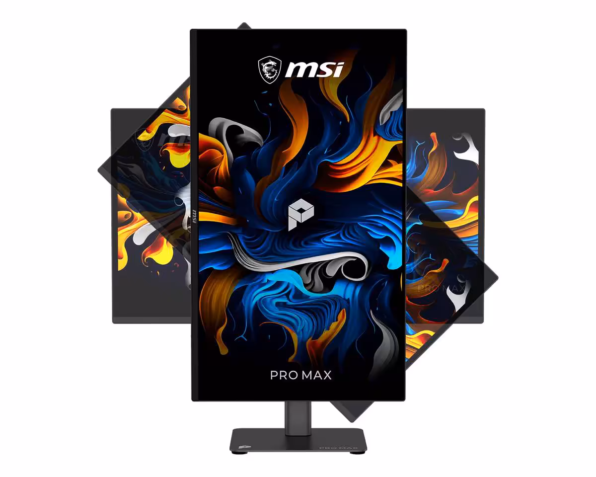 MSI PRO MAX en position verticale avec design artistique, fond noir profond.