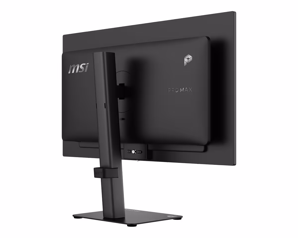 Arrière du MSI PRO MAX en noir mat, design minimaliste et support central.