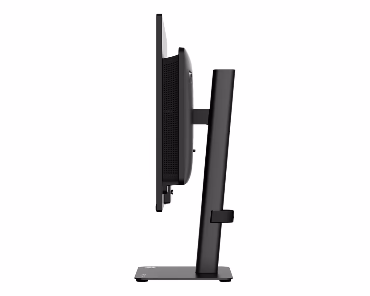Vue latérale du MSI PRO MAX montrant sa minceur et son support élégant.
