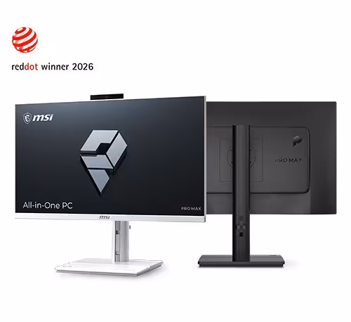 PC All-in-One MSI PRO MAX Red Dot Winner 2026, vue avant et arrière sur fond blanc.