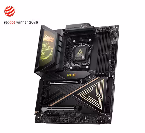 Carte mère MSI MEG X870E ACE MAX Red Dot Winner 2026, socket AMD et design noir doré.