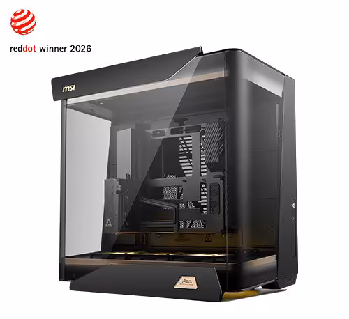 Boîtier PC MSI Stealth transparent, design vitré noir et branding MSI Red Dot Winner 2026.