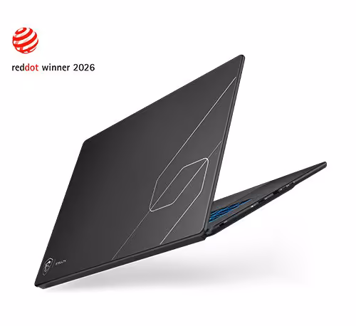 PC portable MSI fin et noir, capot fermé, logo MSI discret et lignes géométriques.