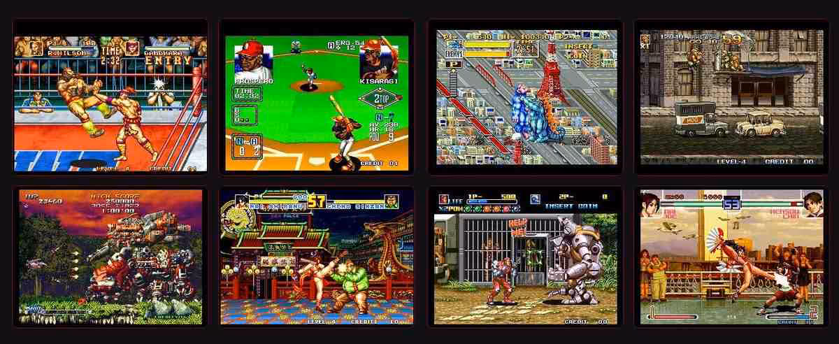 Montage de huit captures d’écran rétro SNK sur Evercade, montrant divers jeux d’arcade NEOGEO.