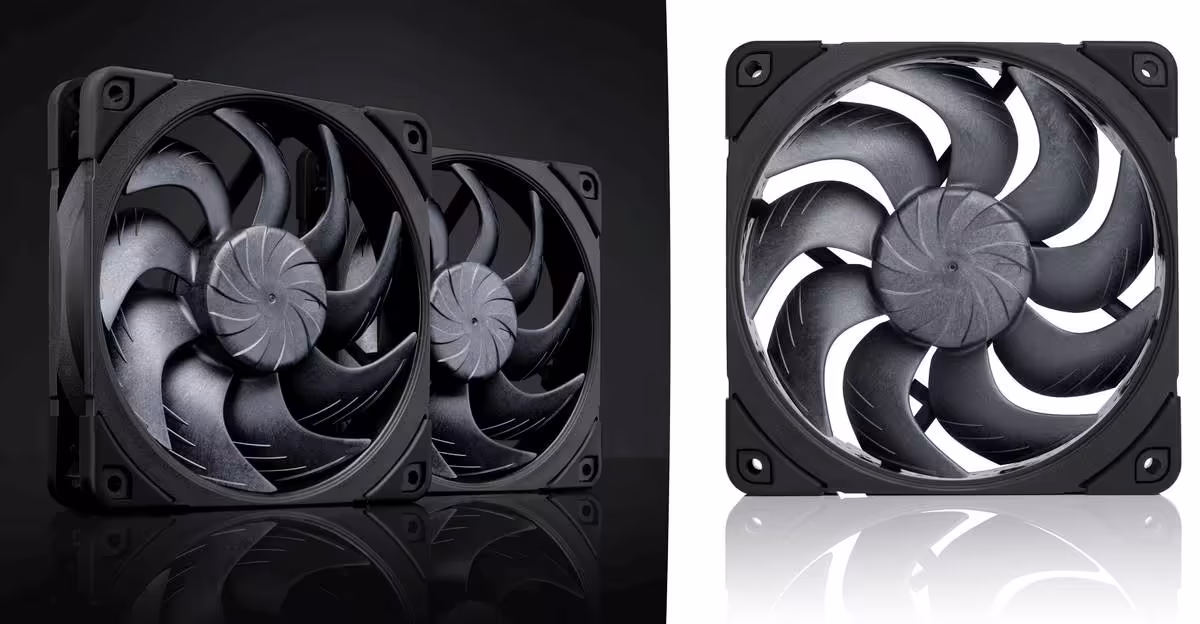 Deux ventilateurs Noctua NF-A12x25 G2 chromax.black sur fond noir avec fort contraste