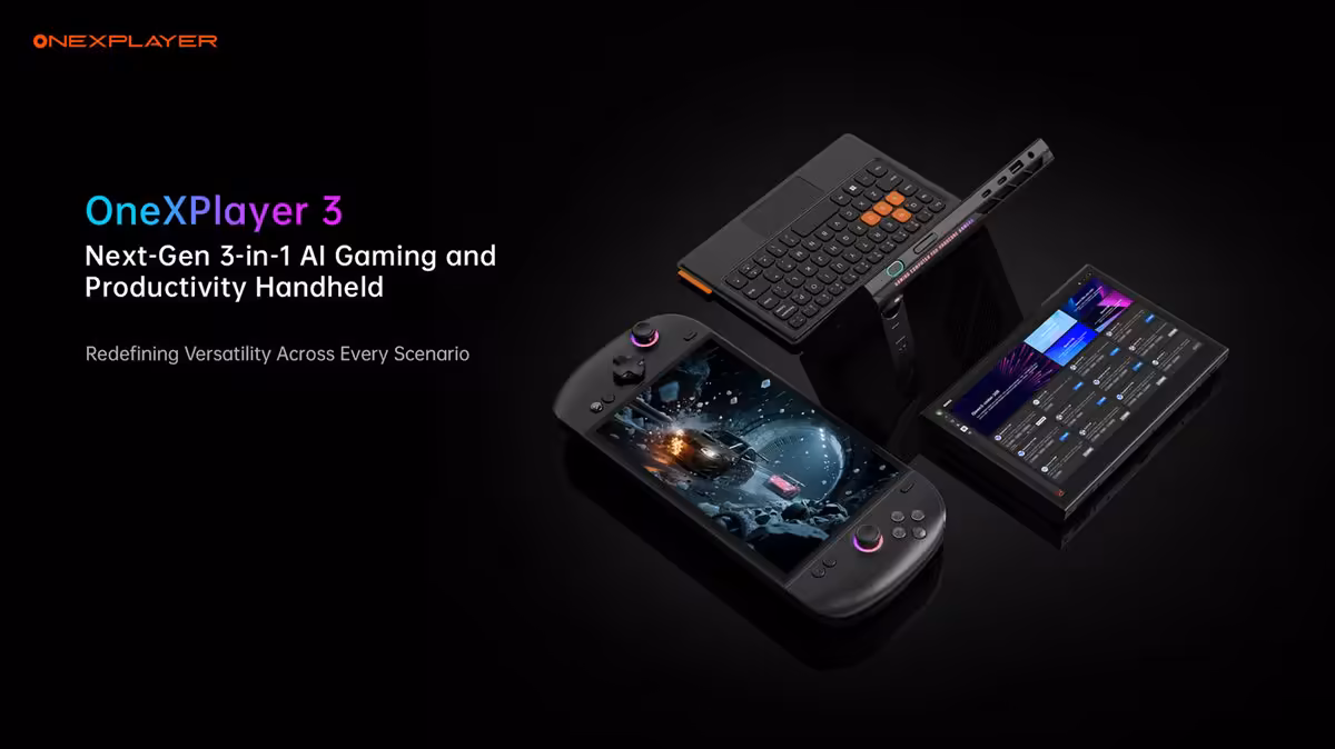 OneXPlayer 3 ouvert en mode hybride avec clavier détachable, écran tactile et contrôleurs séparables