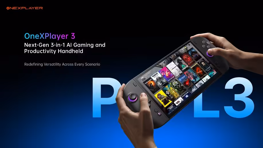 OneXPlayer 3 tenu à deux mains, interface de jeux visible et grand visuel “P3” en arrière-plan