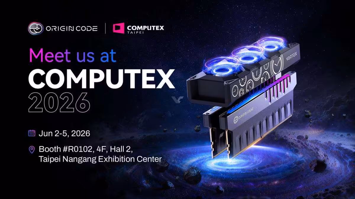 Publicité Computex 2026 avec module mémoire RGB sur fond spatial