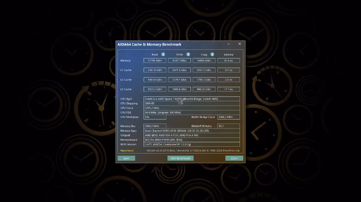 Capture d'écran AIDA64 benchmark sur fond horloges