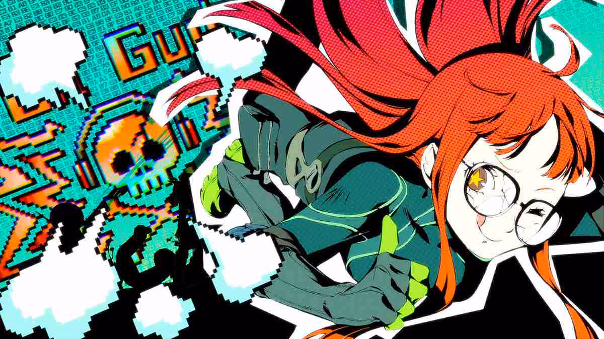 Illustration stylisée de Persona 6, personnage féminin rousse avec lunettes et fond graphique coloré.