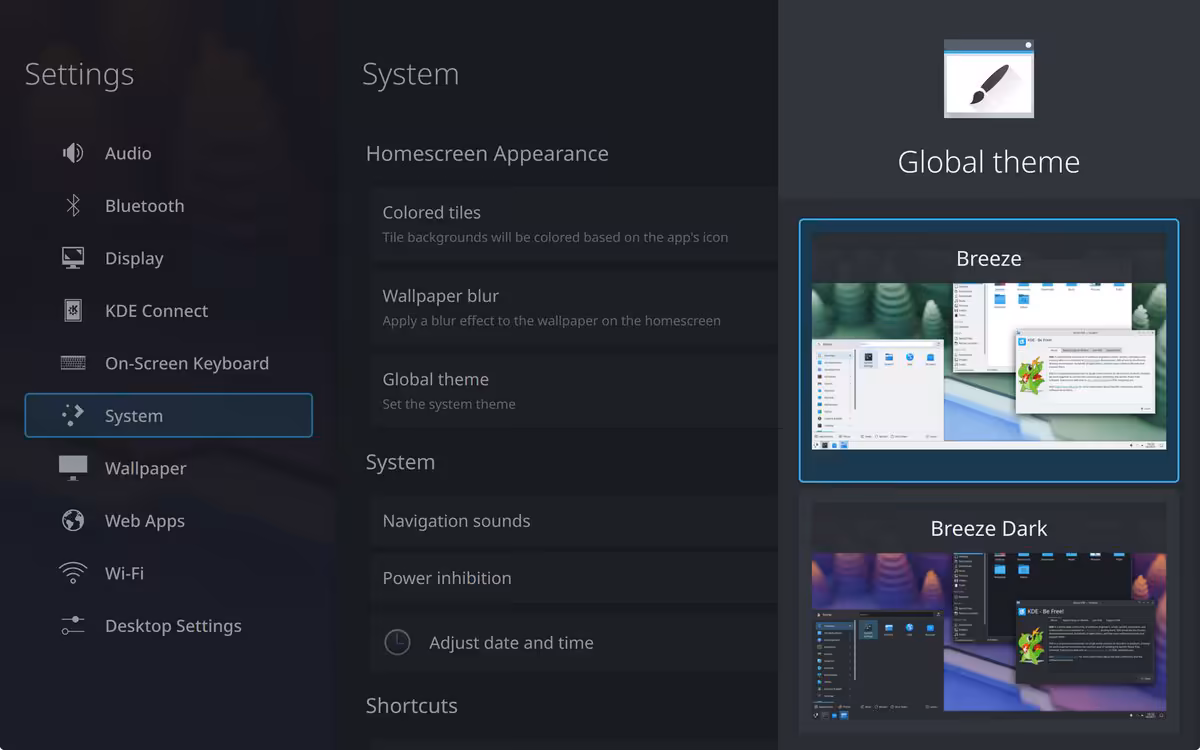 Plasma Bigscreen arrive dans KDE Plasma 6.7 Beta pour transformer les HTPC Linux 3 Écran des paramètres Plasma Bigscreen affichant System, homescreen appearance et thèmes Breeze, Breeze Dark