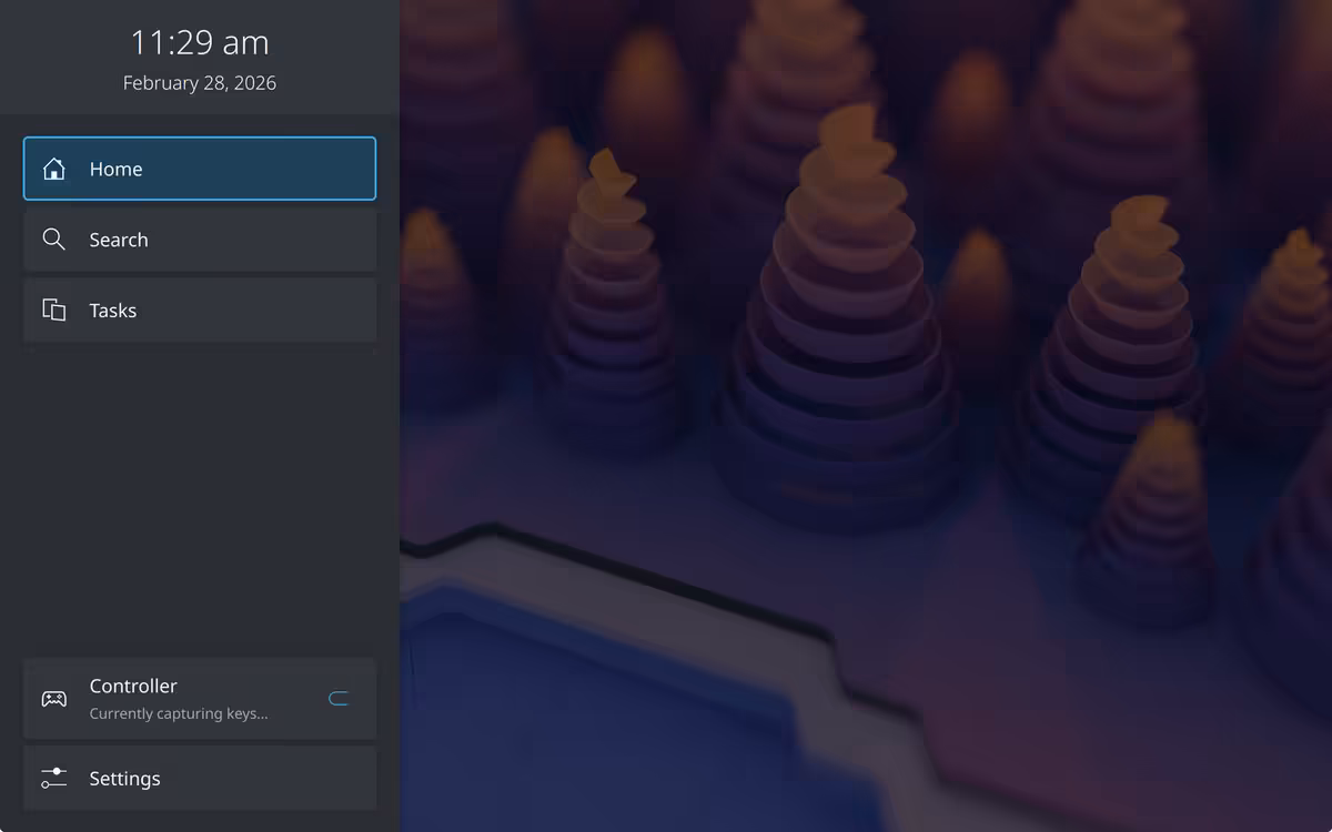 Plasma Bigscreen arrive dans KDE Plasma 6.7 Beta pour transformer les HTPC Linux 4 Interface Plasma Bigscreen avec menu latéral Home, Search, Tasks, Controller et Settings sur fond abstrait oscuro